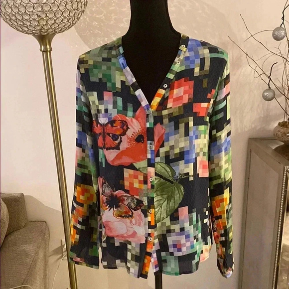 COPY - Desigual Multicolored V-Neck Long Sleeve Button Down Blouse size M - Picture 1 of 6